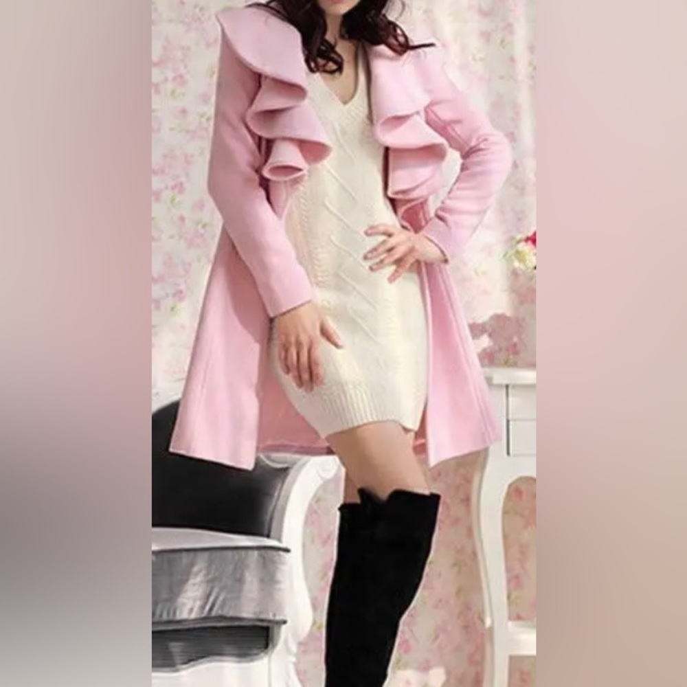 Pink Lolita 3/4 length jacket with lotus blossom collar wool viscose blend - Picture 4 of 14